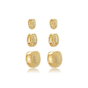 Kit 3 brincos argolinhas texturizadas ouro semijoia 25a03071