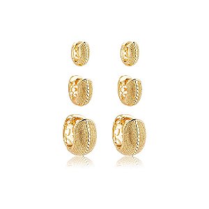 Kit 3 brincos argolinhas texturizadas ouro semijoia 25a02062