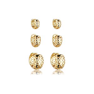 Kit 3 brincos argolinhas vazadas ouro semijoia 24a02058