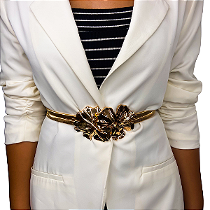 Cinto corrente malha fivela flor dourado