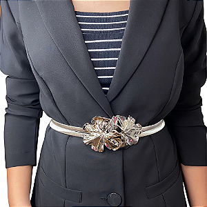 Cinto corrente malha fivela flor prateado