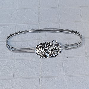 Cinto corrente malha fivela flor prateado