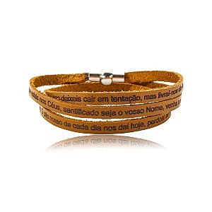 Pulseira Fernanda Villela couro caramelo oração Pai Nosso