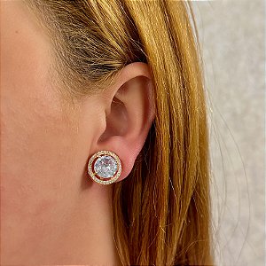 Brinco pressão redondo zircônia cristal ouro semijoia 7018605