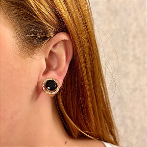 Brinco pressão redondo zircônia cristal preto ouro semijoia 7018605
