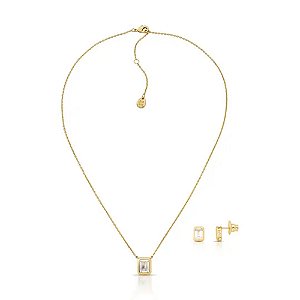 Colar e brinco retangular zircônia ouro semijoia