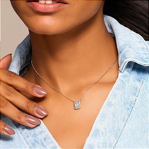 Colar pingente retangular zircônia ródio semijoia