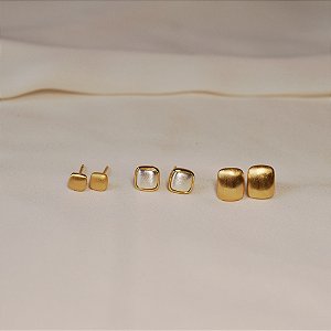 Kit 3 brincos ouro e ródio fosco semijoia
