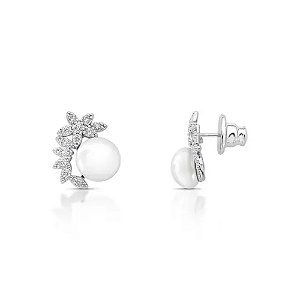 Brinco flor pérola shell ródio semijoia