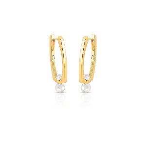 Brinco argolinha retangular pérola shell ouro semijoia