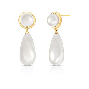 Brinco pêndulo gota pérola shell ouro semijoia