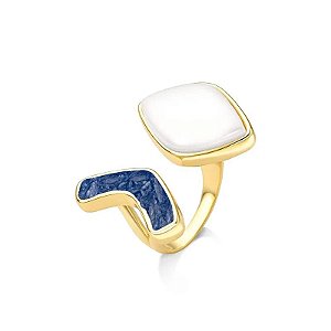 Anel ajustável pedras naturais porcelana perolada e cianita azul ouro semijoia