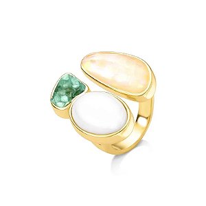 Anel ajustável pedras naturais nautilus porcelana perolada e esmeralda ouro semijoia