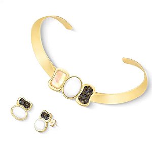 Colar e brinco pedras naturais nautilus porcelana perolada e labradorita ouro semijoia