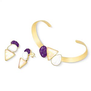 Colar e brinco pedras naturais nautilus porcelana perolada e ametista ouro semijoia