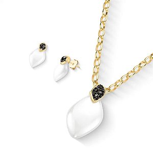 Colar e brinco pedras naturais porcelana perolada e pirita ouro semijoia