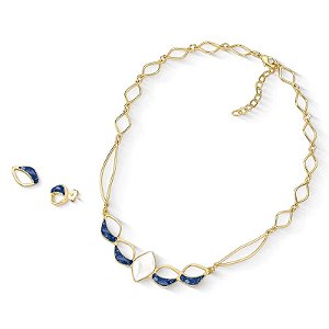 Colar e brinco pedras naturais porcelana perolada e cianita azul ouro semijoia