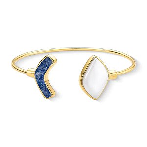 Bracelete pedras naturais porcelana perolada e cianita azul ouro semijoia