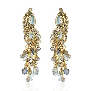 Brinco Claudia Arbex pavão cristais azul ouro vintage