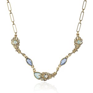 Colar Claudia Arbex pavão cristais azul ouro vintage