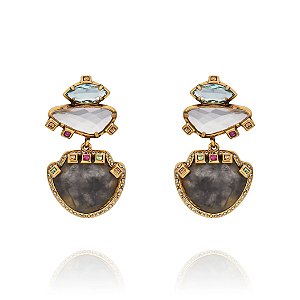 Brinco Camila Klein quartzo cinza e cristais ouro velho