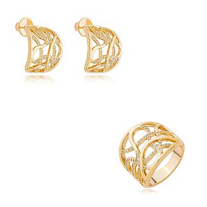 Conjunto de brinco e anel vazado zircônia ouro semijoia BA 8086 AN 1224