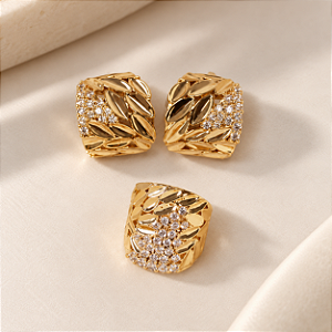 Conjunto Brinco e Anel Folhas com Zircônias Semijoia