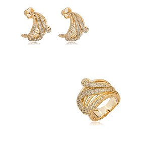Conjunto de brinco e anel aros zircônia ouro semijoia BA 8078 AN 1216