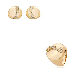 Conjunto de brinco e anel zircônia ouro semijoia BA 7797 AN 1103