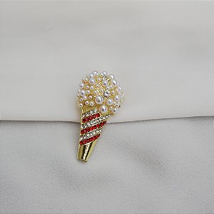 Broche sorvete pérolas cristais ouro semijoia