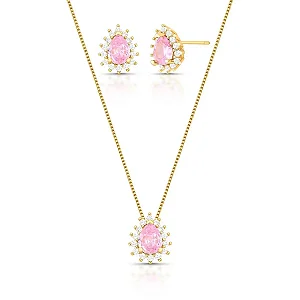 Colar e brinco gota cristal rosa zircônia ouro semijoia