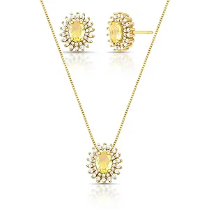 Colar e brinco oval cristal amarelo zircônia ouro semijoia
