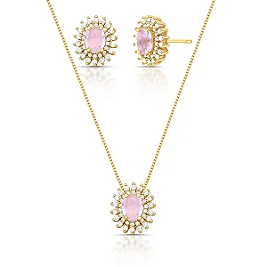 Colar e brinco oval cristal roxo claro zircônia ouro semijoia