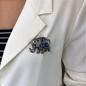 Broche elefante cristais azuis prateado