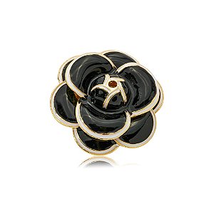Broche camélia esmaltada preta