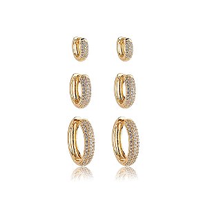 Kit 3 brincos argolinhas zircônia ouro semijoia 24k07004