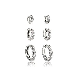 Kit 3 brincos argolinhas zircônia ródio semijoia 24k07004