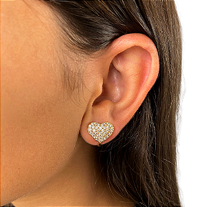 Brinco pressão coração zircônia ouro semijoia