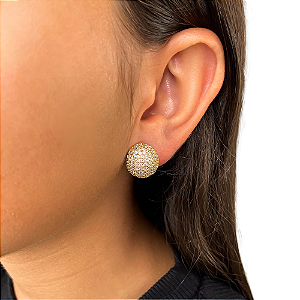 Brinco pressão meio globo zircônia ouro semijoia