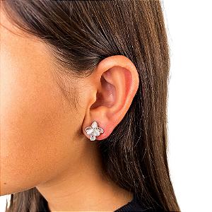 Brinco pressão floral zircônia ródio semijoia