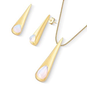 Colar e brinco gota alongada pedra natural opalina ouro acetinado semijoia