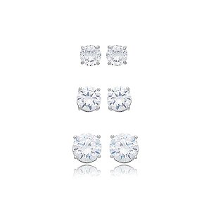 Kit 3 brincos ponto de luz zircônia ródio semijoia E0123