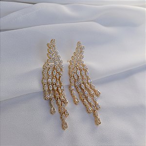 Brinco franja zircônia ouro semijoia