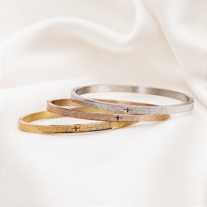 Trio braceletes oração Pai Nosso aço inox ouro prata e rosê