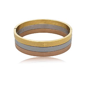 Trio braceletes oração Pai Nosso aço inox ouro prata e rosê