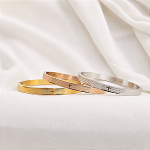 Trio braceletes oração Pai Nosso aço inox ouro prata e rosê