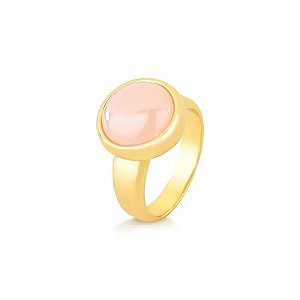 Anel redondo pedra natural quartzo rosa perolado ouro semijoia