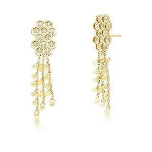 Brinco colmeia pêndulos cristais ouro semijoia