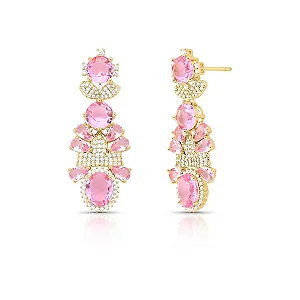 Brinco pêndulo zircônia cristal rosa ouro semijoia