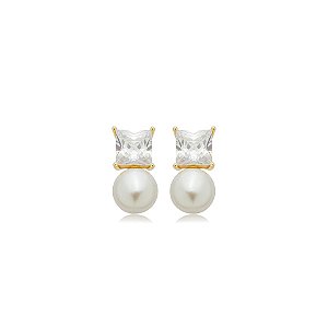 Brinco pérola shell zircônia ouro semijoia